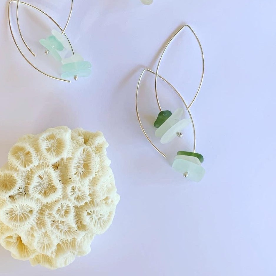 Sea Glass Greens and Clears wishbone earrings