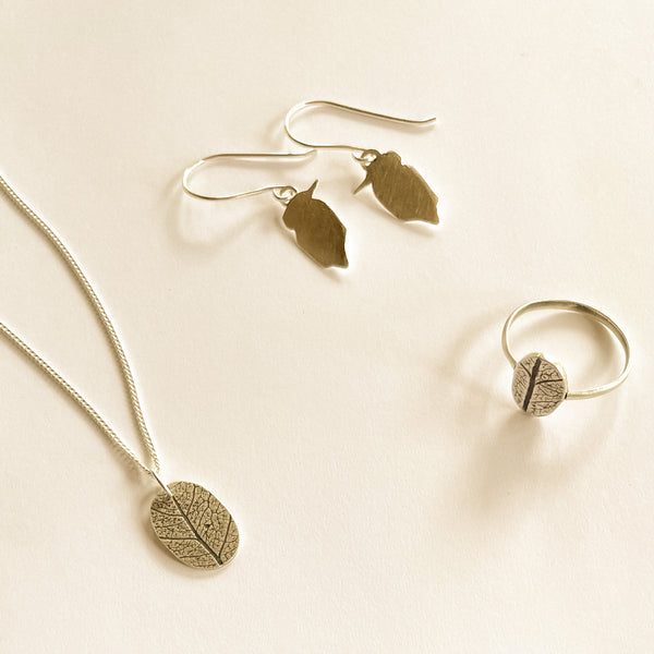 Leaf Imprint Silver Ring, Kingfisher silver earrings