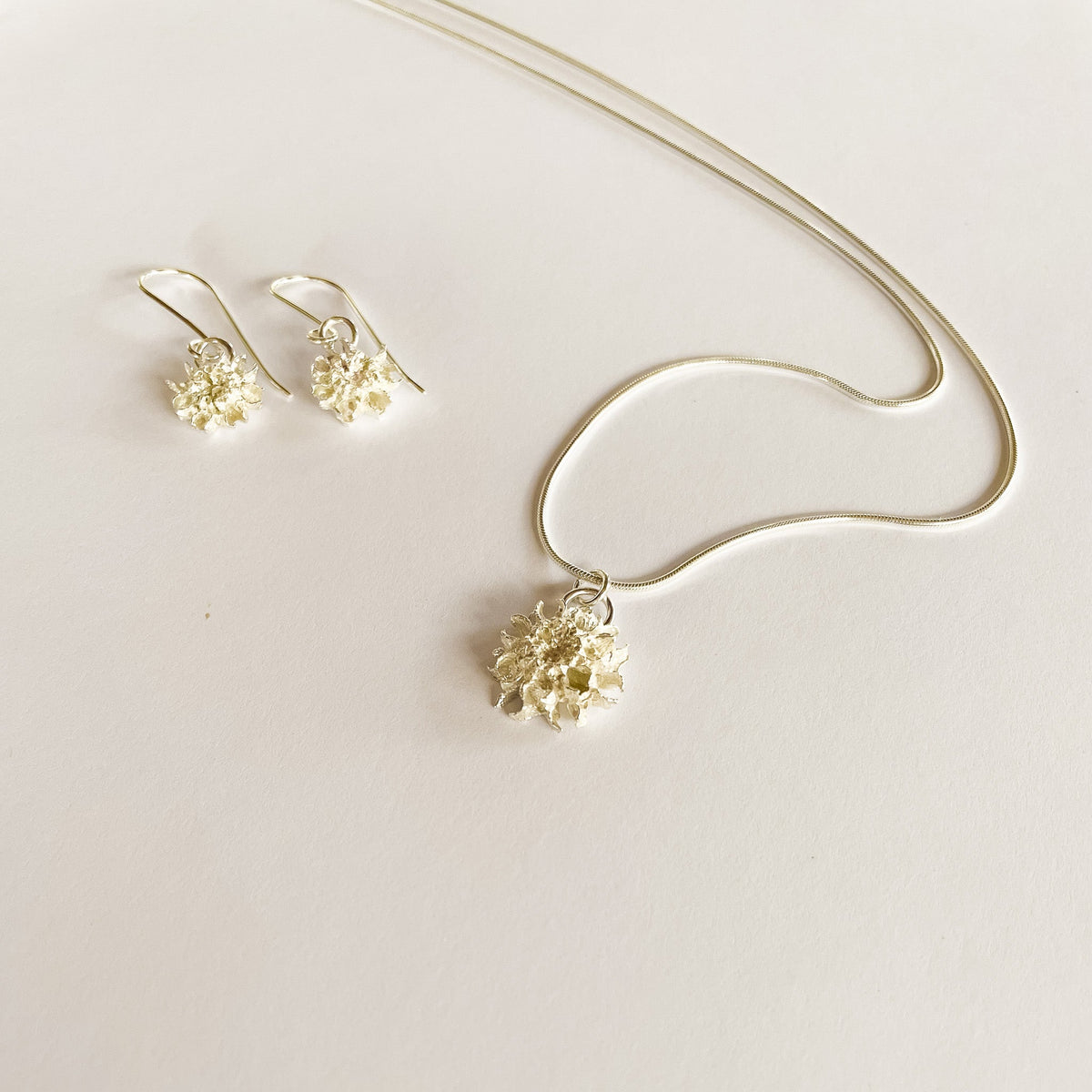 She oak necklace and tiny she oak earrings in sterling silver