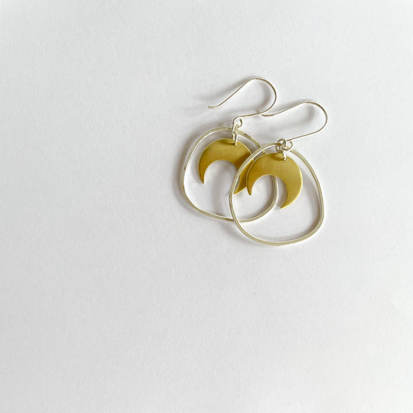 Organic Hoop and Moon Earrings in Silver and Brass
