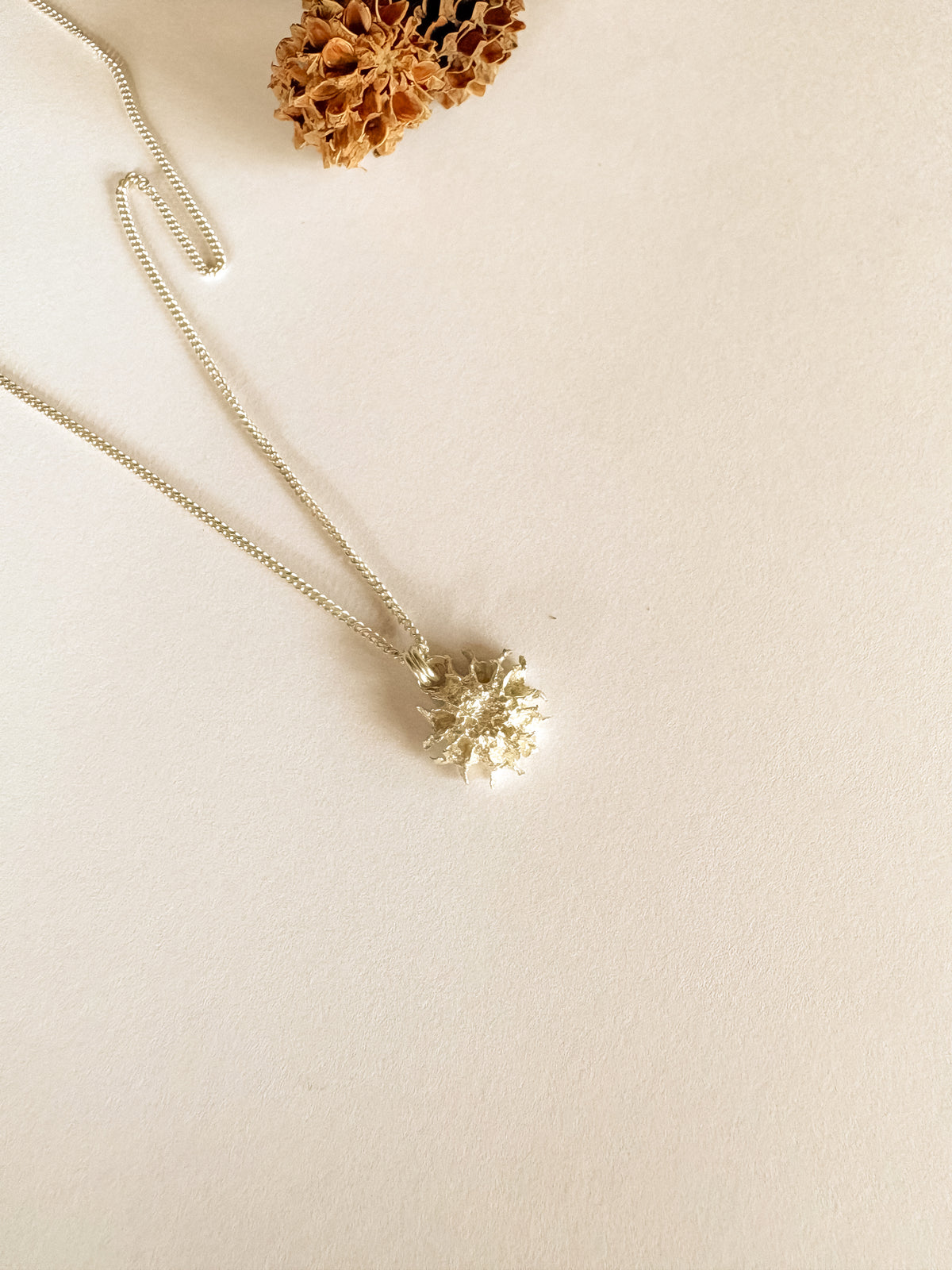 A delicate silver chain necklace with a small, textured silver pendant.