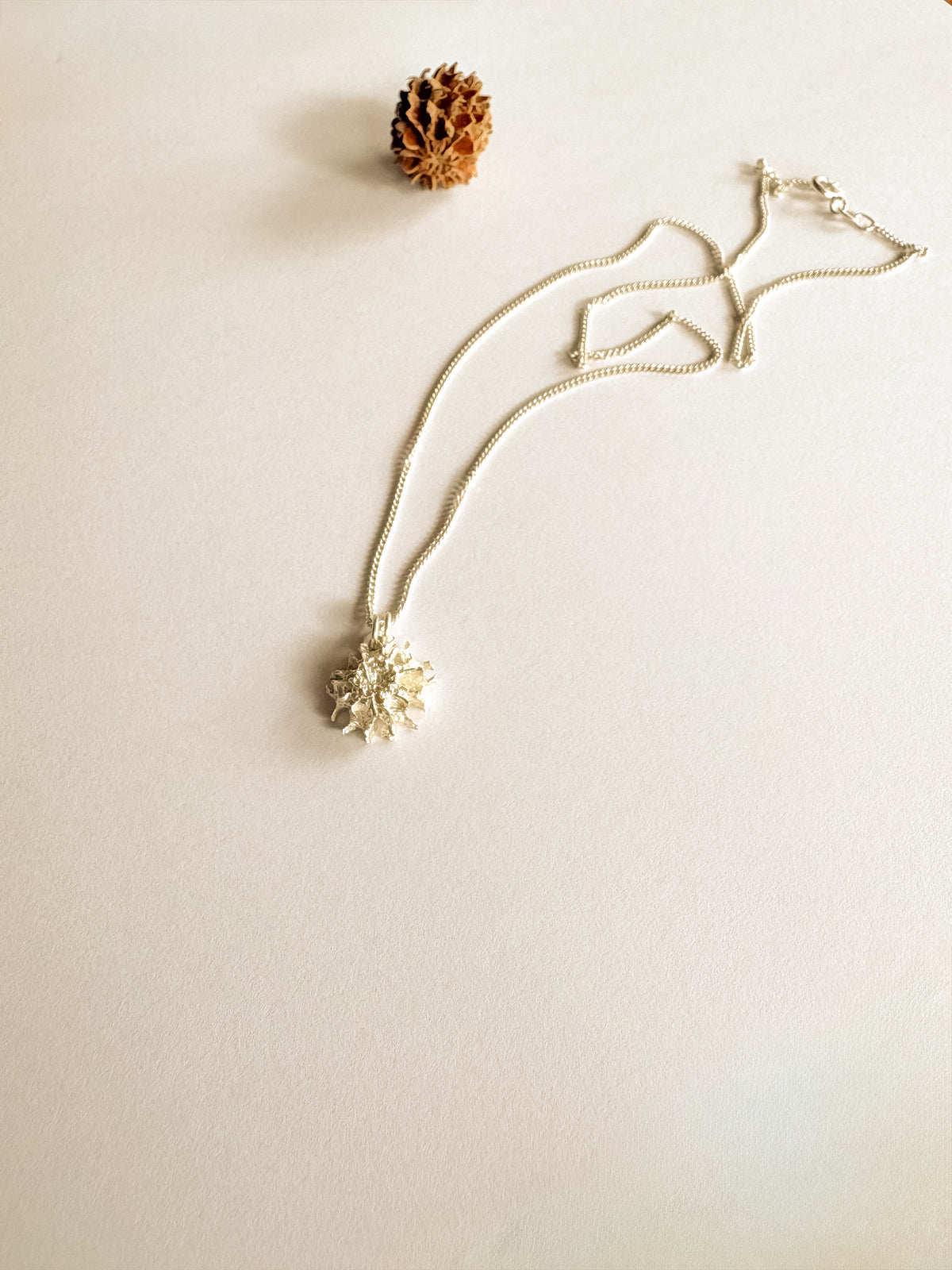A delicate silver chain necklace with a textured, flower-like snowflake pendant.