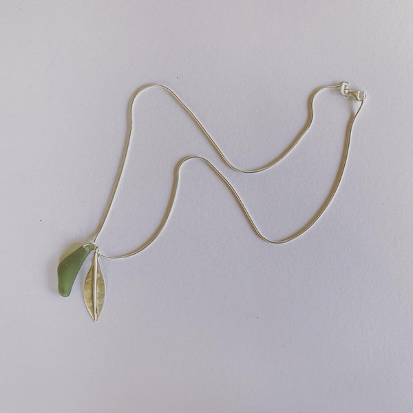 Silver Leaf and Green Sea Glass Pendant