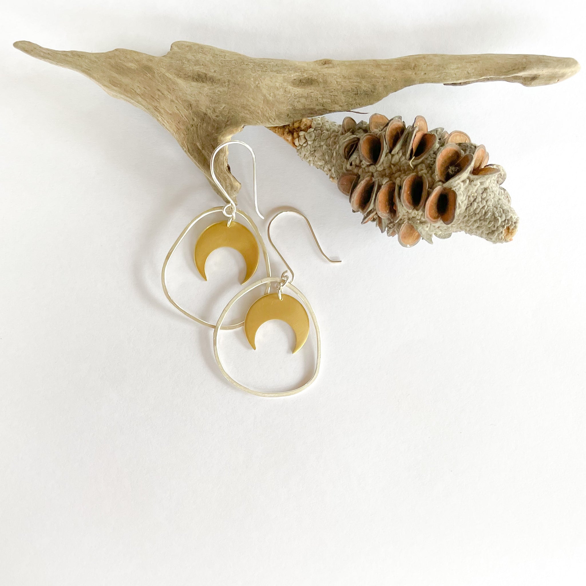 Organic Hoop and Moon Earrings in Silver and Brass